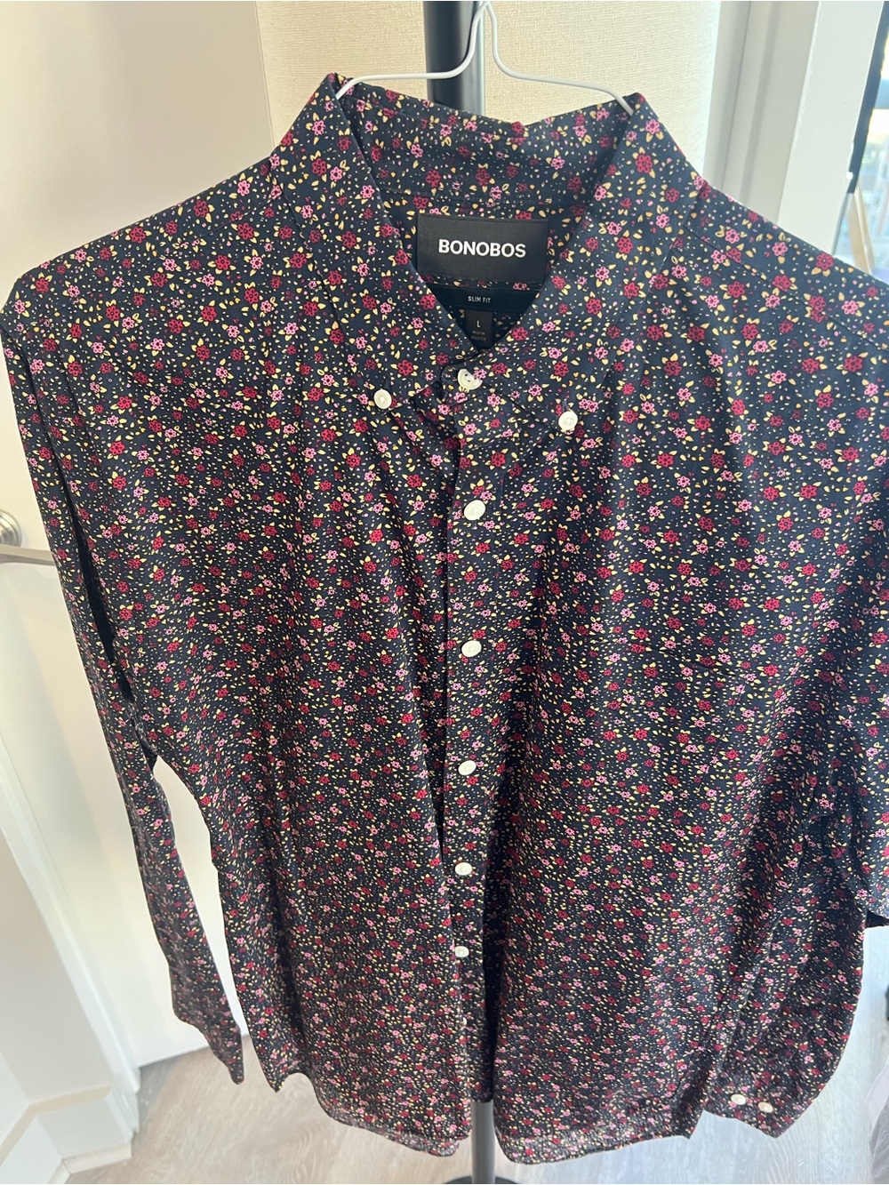 Bonobos Black Button-Down Shirt with Pink Floral Print